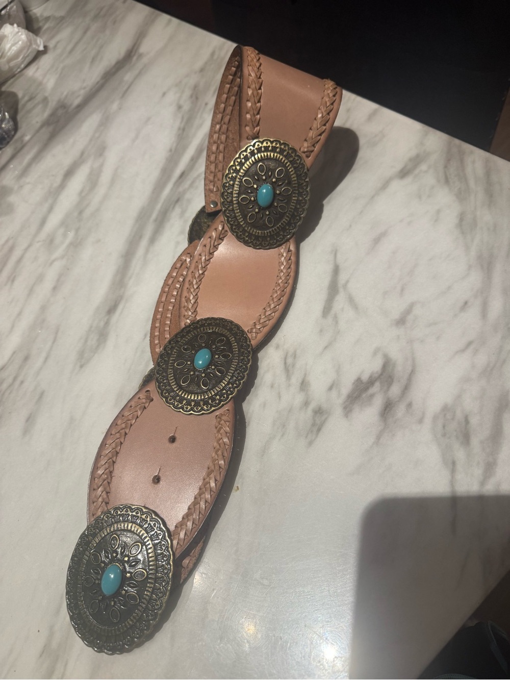 Women’s Tan Leather Belt with Turquoise-Accent Medallions